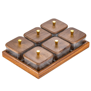 胡桃木干果盘客厅茶几四宫格轻奢高档玻璃零食水果分格摆放收纳盒