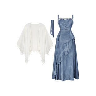 安妮不火 民族风流苏穗仿荷叶边吊带连衣裙微胖大码度假风两件套