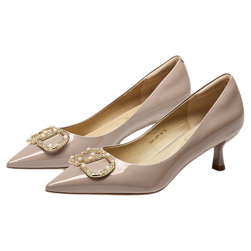 蹀愫2025年新款漆皮羊皮尖头高跟鞋细跟浅口单鞋TA65107-18