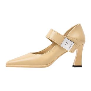 【红云鞋】吴大叔春秋时尚粗跟通勤装饰扣气垫缓震尖头高跟女单鞋