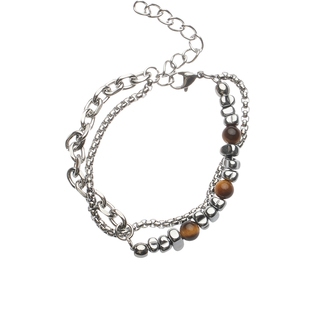 GuangYu虎眼石碎银双层钛钢手链男小众设计新中式串珠复古手串女