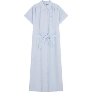 Tommy春夏女装亚麻休闲海边度假风纯色系带收腰宽松衬衫连衣裙