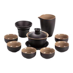 鑫裕源黑陶茶具套装家用禅风黑功夫茶杯粗陶陶瓷盖碗泡茶壶茶海