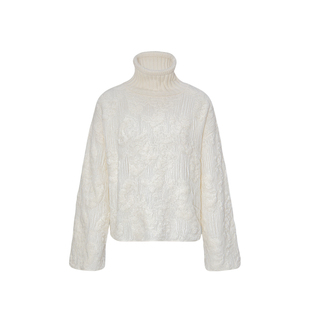 嫚渡|100%山羊绒|法式慵懒宽松重工针织高领长袖短款白羊绒衫