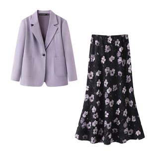 拉夏贝尔/La Chapelle紫色通勤西服外套女碎花半身裙春季俩件套女