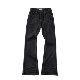 SUNINWAVE立体黑胶涂层刷蜡褶皱微弹修身微喇中高腰牛仔长裤