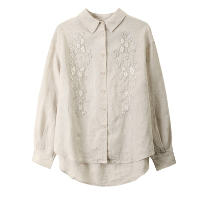 重工刺绣钉珠100亚麻长袖衬衫女