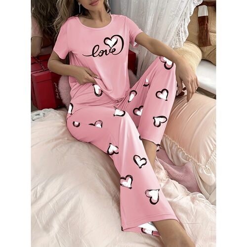 Y 28740 Women's Pink Heart Pajamas 女士家居服 跨境欧美
