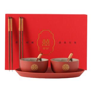 结婚碗陶瓷婚礼喜碗对碗红碗陪嫁碗筷结婚喜碗红色餐具夫妻碗