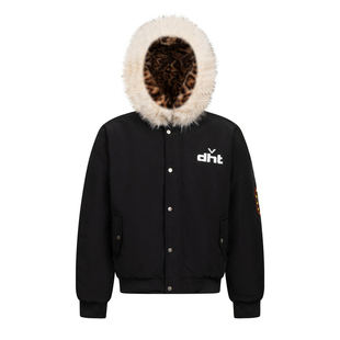 DHSS美式豹纹拼接毛领连帽棉服外套男女宽松加厚保暖派克服棉衣