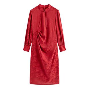 固执春季新款新中式立领提花高腰泡泡长袖中长款旗袍连衣裙女