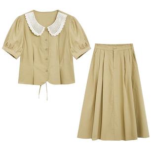 紫涵森系套装女夏季新款文艺风翻领短袖上衣A字半身裙两件套装裙