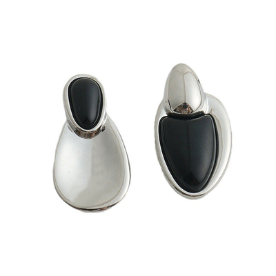 椭圆拼接黑玛瑙耳钉925银针耳环