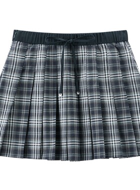 乐町撞色腰头假两件半身裙女夏季新款细格纹好穿松紧腰A摆百褶裙