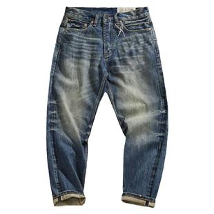 14oz重磅赤耳丹宁布锥形牛仔裤男装阿美咔叽复古直筒猫须刷白长裤