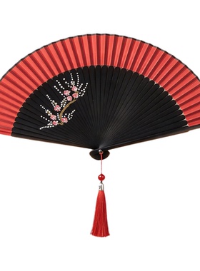 红色梅花折扇古风旗袍扇子好开合