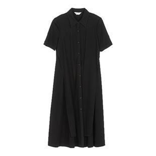 诗梦女装26夏季新款黑色收腰连衣裙POLO翻领系腰带单排扣薄棉长裙