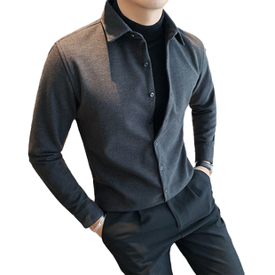 男士衬衫羊毛呢子外套商务高端加绒加厚保暖寸秋冬季长袖休闲衬衣