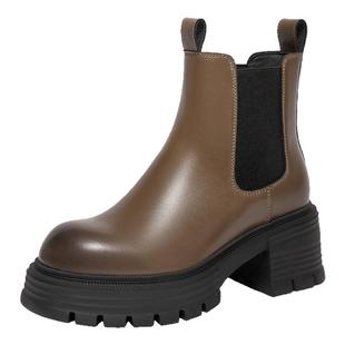 百丽厚底切尔西靴女冬新加绒瘦瘦弹力时装靴烟筒短靴子B9J1DDD4