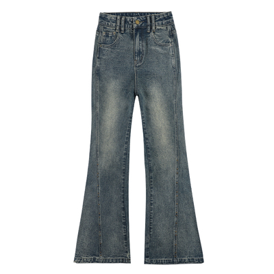 拉夏贝尔卡其色美式微喇牛仔裤女