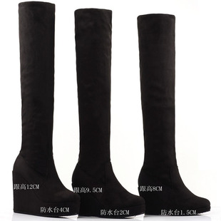 长靴女一款三穿坡跟厚底高跟弹力高筒过膝靴绒面大小码31 32 33码