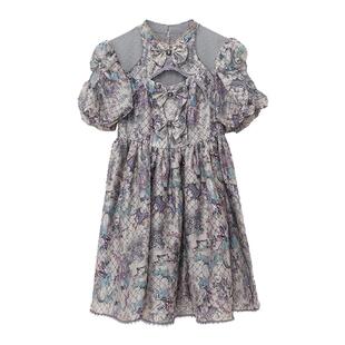 我爱露露LULUALWAYS夏季新款优雅蝴蝶结镂空短袖网纱连衣裙