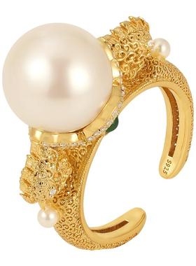 非遗花丝镂空双凤珍珠银鎏金戒指