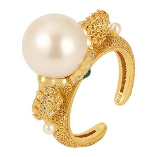 双凤珍珠银鎏金戒指非遗花丝镂空凤凰新中式国风轻奢开口纯银戒指