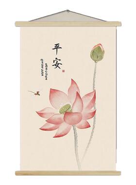 禅意荷花客厅挂画玄关中式书房茶桌背景墙装饰画挂布竖版卷轴壁画