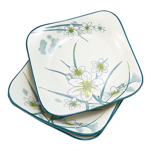 釉下彩水仙兰花如意四方盘陶瓷盘子家用正方形炒菜深盘微波炉适用