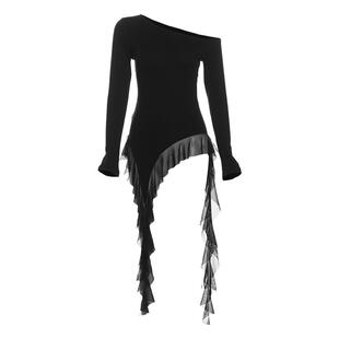 XXBUNI辣妹斜肩飘带长袖T恤女黑色修身显瘦露肩上衣爵士舞套装女