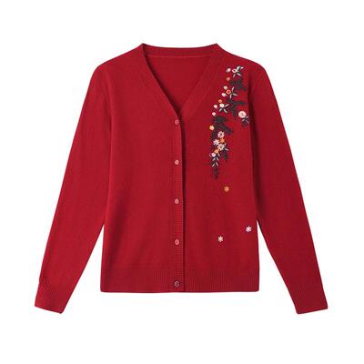 恒源祥羊毛开衫女100纯羊毛衣2025春秋新款妈妈装圆领针织衫外套