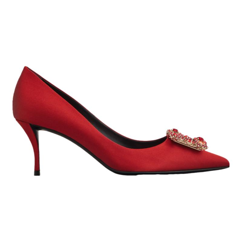 RogerVivier/罗杰维维亚女士高跟鞋丝混缎面水晶搭扣细高跟新款