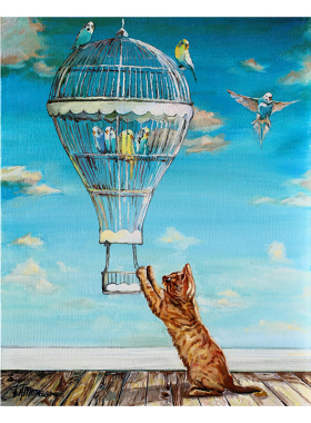 无框画Timothy猫咪奇幻鸟笼热气球橘猫蓝天鹦鹉卧室客厅装饰挂画