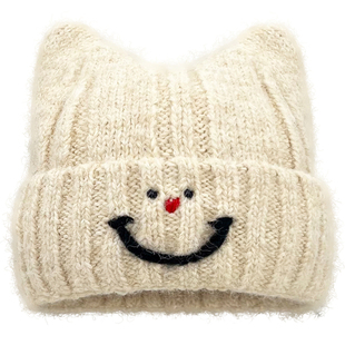 2025新款韩版可爱猫耳朵笑脸毛线帽子女秋冬季保暖百搭针织帽冷帽