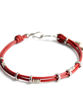 路塔斯曼纯银圈圈红色银手链皮绳