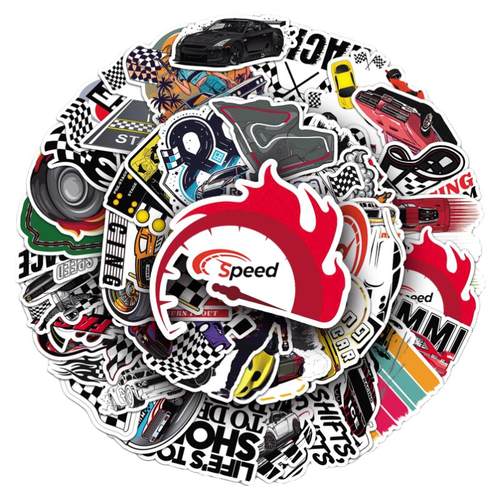 100张赛车比赛元素贴纸潮流酷玩创意个性汽车涂鸦图案电脑桌面平板摩托车头盔DIY素材手账本装饰防水无痕贴画