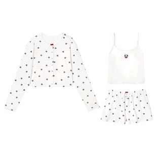 tbh野兽派家居熊猫嘭嘭针织提花吊带长裤三件套可女士睡衣家居服