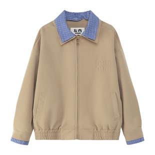 左西男童外套春季2026新品儿童假两件千鸟格拼接领Miu哈灵顿夹克