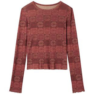 Miss Sixty2026春季长袖T恤圆领唇印修身轻薄木耳花边正肩红色