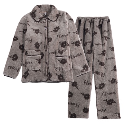 新款秋冬翻领小豹纹女款睡衣套装