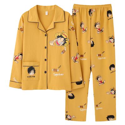 纯棉睡衣开衫翻领情侣大码长袖男