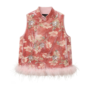 如意连云【赫栩】新年烧花丝绒珠片绣马甲女新中式驼鸟毛坎肩背心