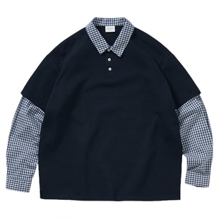 714street秋季假两件长袖POLO衬衫男2025纯棉休闲宽松针织杉衬衣