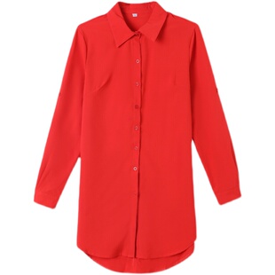 衬衫女前短后长上衣日系少女士减龄红色洋气小衫褂收腰遮肚雪纺衫