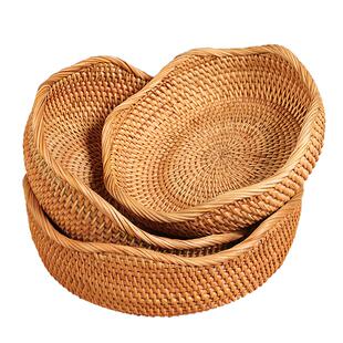 越南黄藤手工编织圆形客厅波浪边零食托盘藤编家用大号水果收纳篮