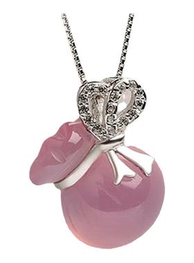 925银项链天然粉玉髓福袋吊坠女款玉石钱袋挂件项坠