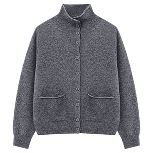 百家好灰色立领绵羊毛针织衫女冬季新款单排扣毛衣高级感冬装外套