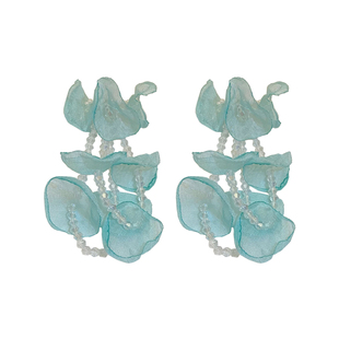 薄荷曼波绿色海边度假风串珠花朵流苏耳钉女长款设计夸张耳环耳饰