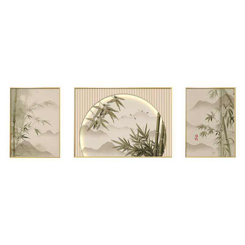 侘寂風竹子客廳裝飾畫沙發(fā)背景墻掛畫三聯畫竹報平安新中式風景畫